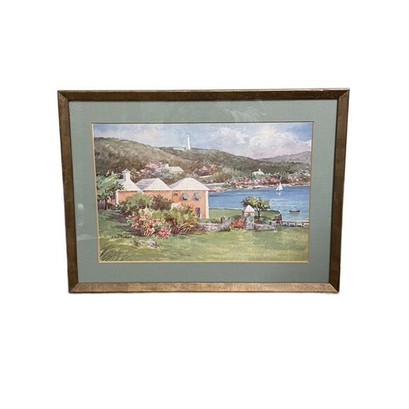 Ethel Tucker Vintage Bermuda Framed Lithograph Print of Waterlot Inn&Lighthouse - Picture 4 of 12